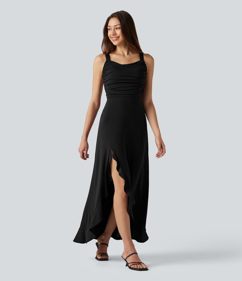 Robe mi-longue fluide de soirée dos nu croisé avec fente, ourlet à volants et soutien-gorge intégré