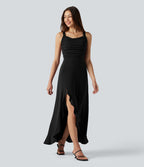 Robe mi-longue fluide de soirée dos nu croisé avec fente, ourlet à volants et soutien-gorge intégré