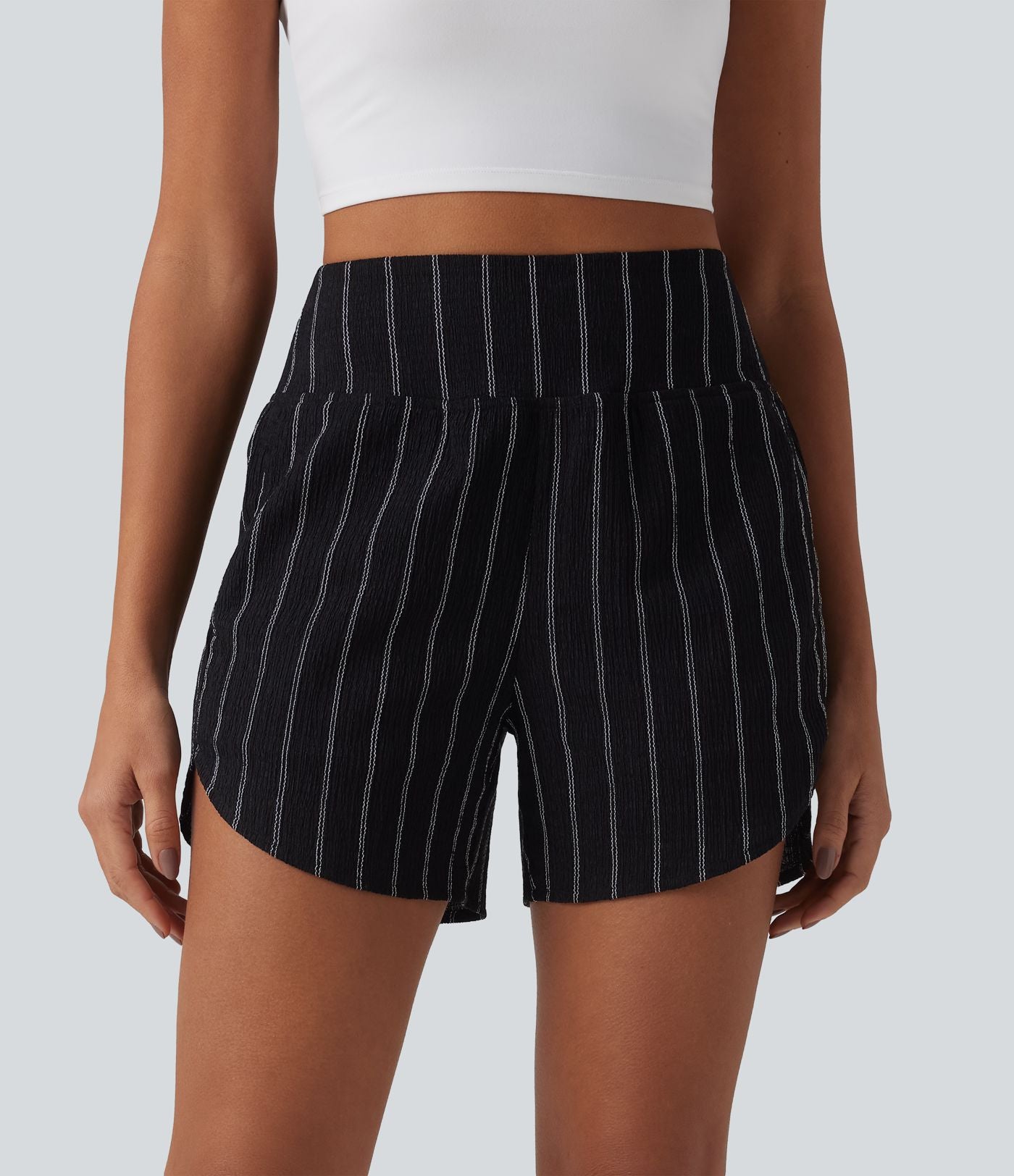 Short casual taille haute ourlet arrondi rayures avec poches