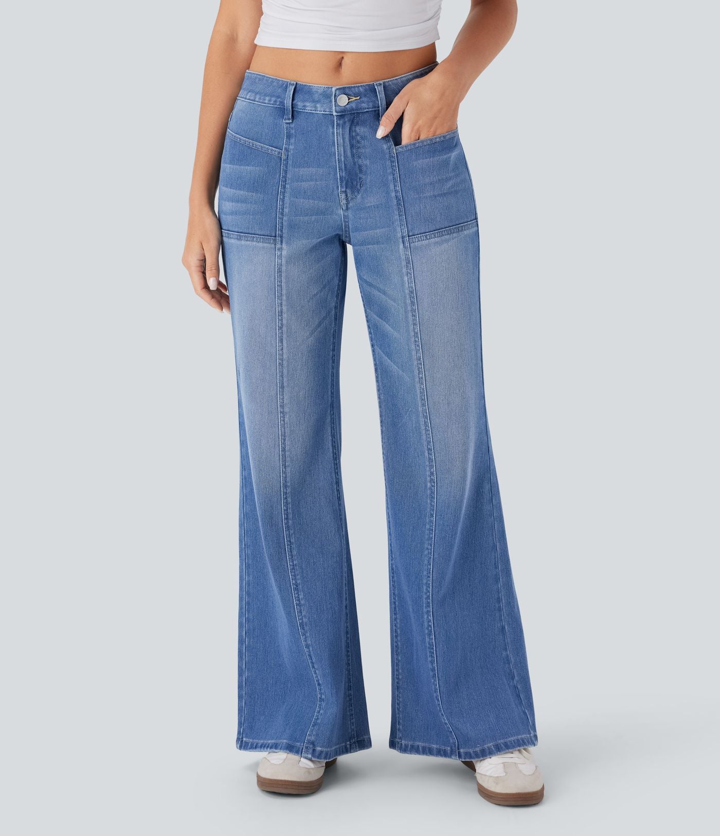 Jean bootcut délavé Halara Flex™ taille basse à poches multiples et fermeture zippée