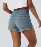 Short décontracté en jean extensible délavé Halara Flex™ taille moyenne avec revers et poches avant