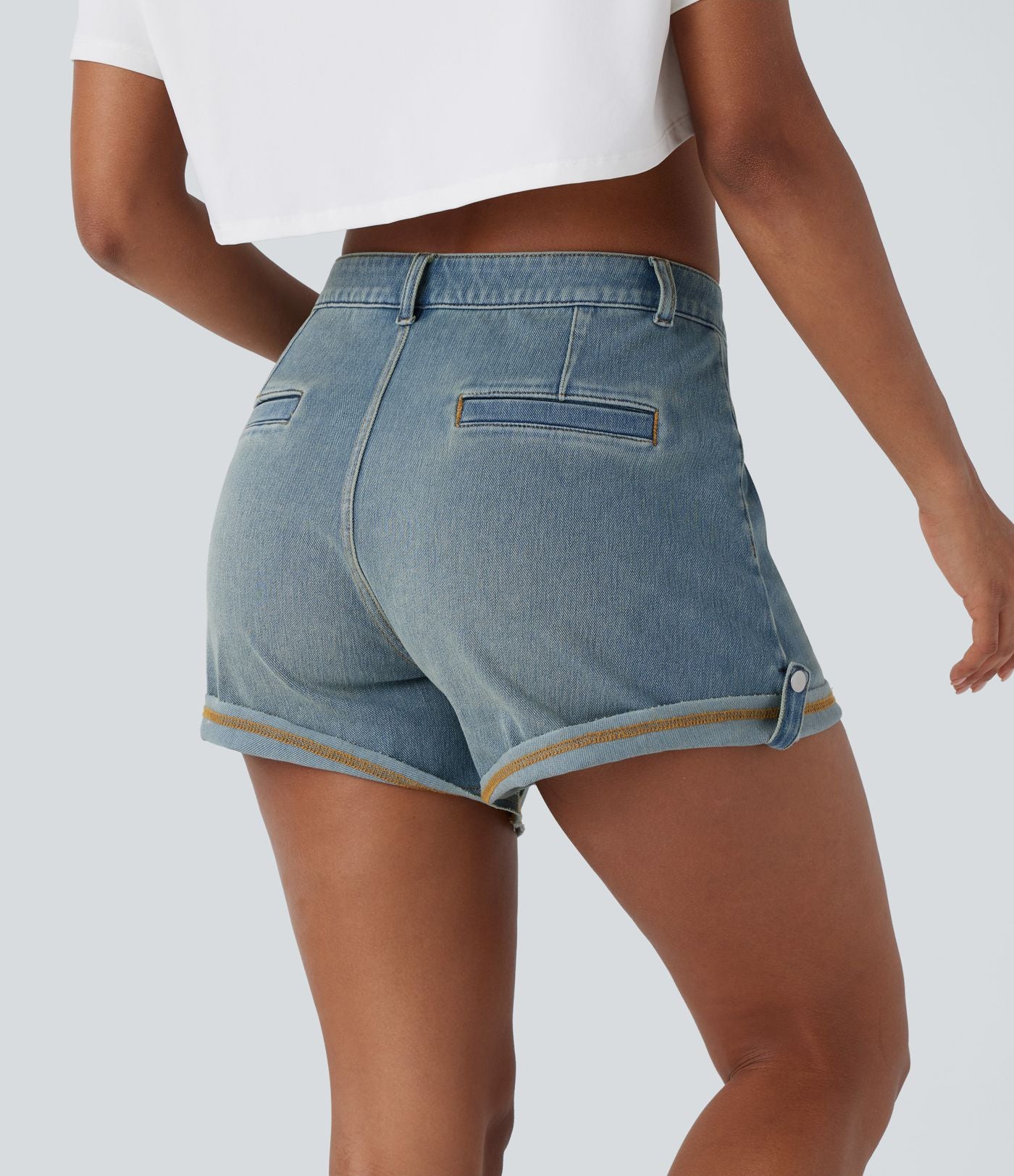 Short décontracté en jean extensible délavé Halara Flex™ taille moyenne avec revers et poches avant