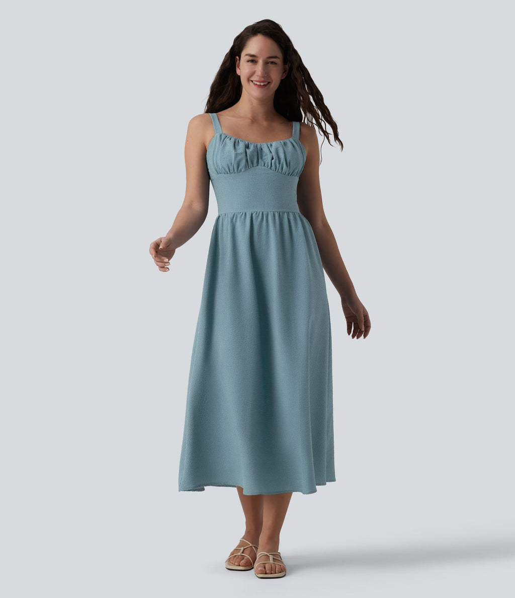 Robe fluide casual mi-longue texturée froncée et smockée