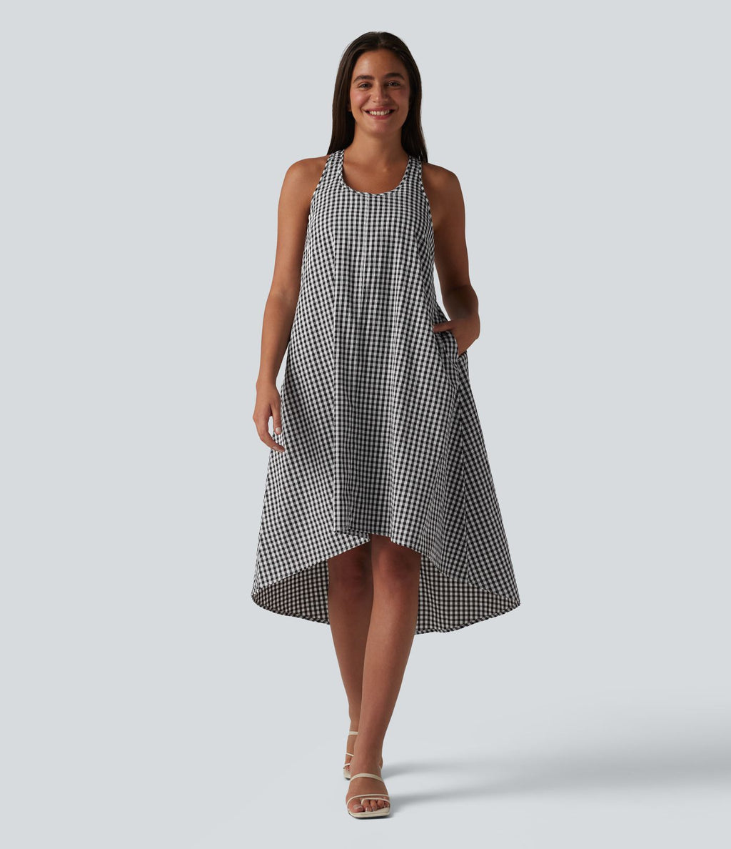 Robe midi resort fluide à carreaux vichy dos nu dos nageur coupe asymétrique avec soutien-gorge intégré et poches