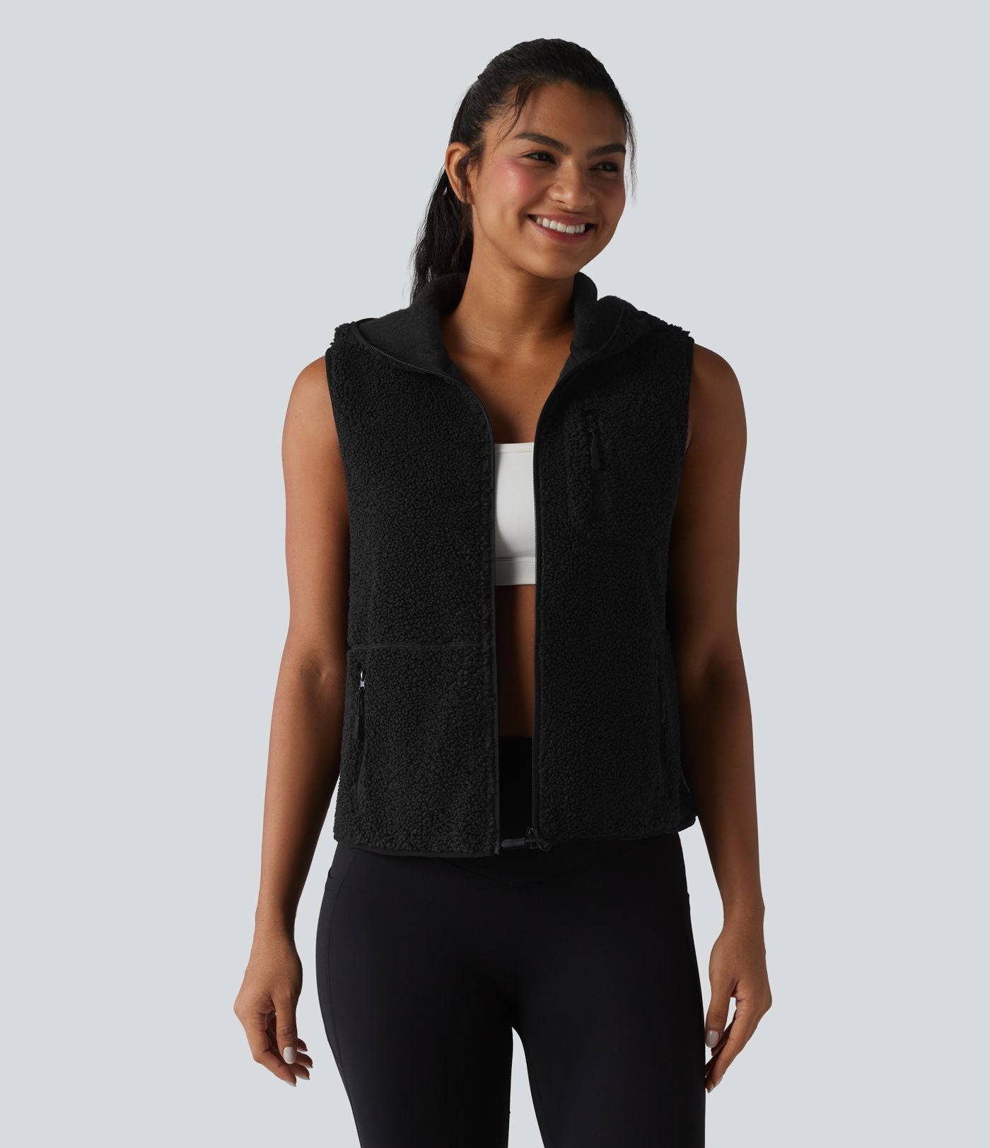 Gilet de sport sherpa à capuche avec poches