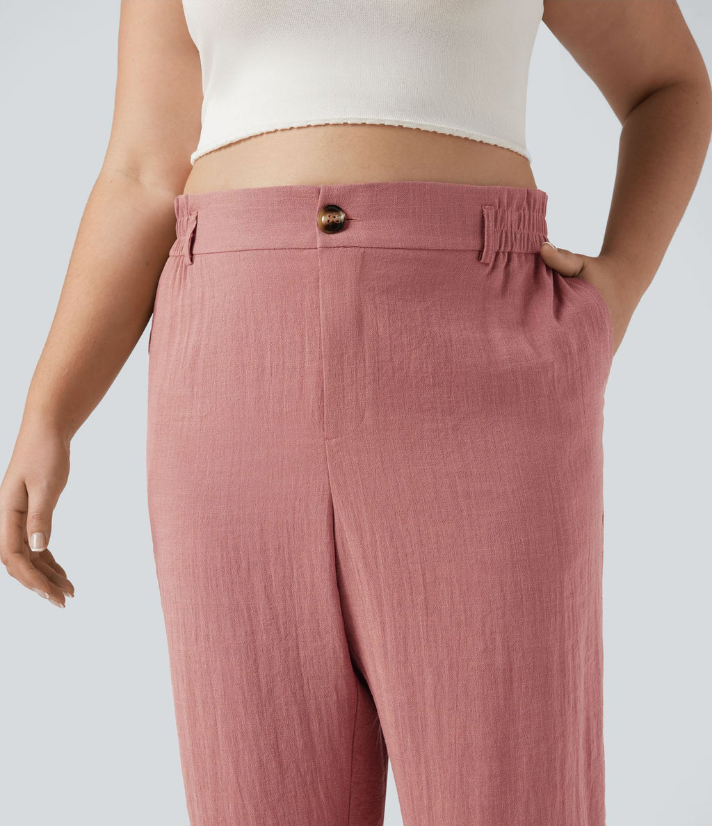 Pantalon de villégiature capri effet lin, grande taille, taille haute, avec poches