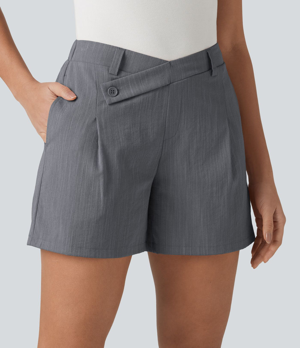 Short tailleur baggy asymétrique taille mi-haute aspect lin 12,5 cm avec poches