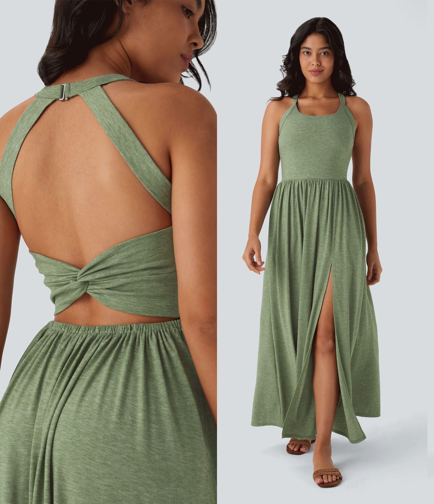 Robe longue fluide fendue avec poches latérales, dos nu et effet torsadé