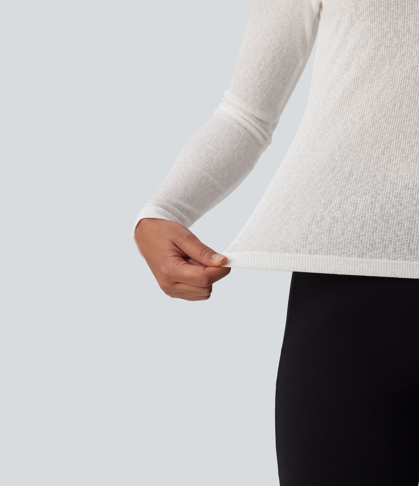 T-shirt décontracté maille côtelée semi-transparent col rond manches longues