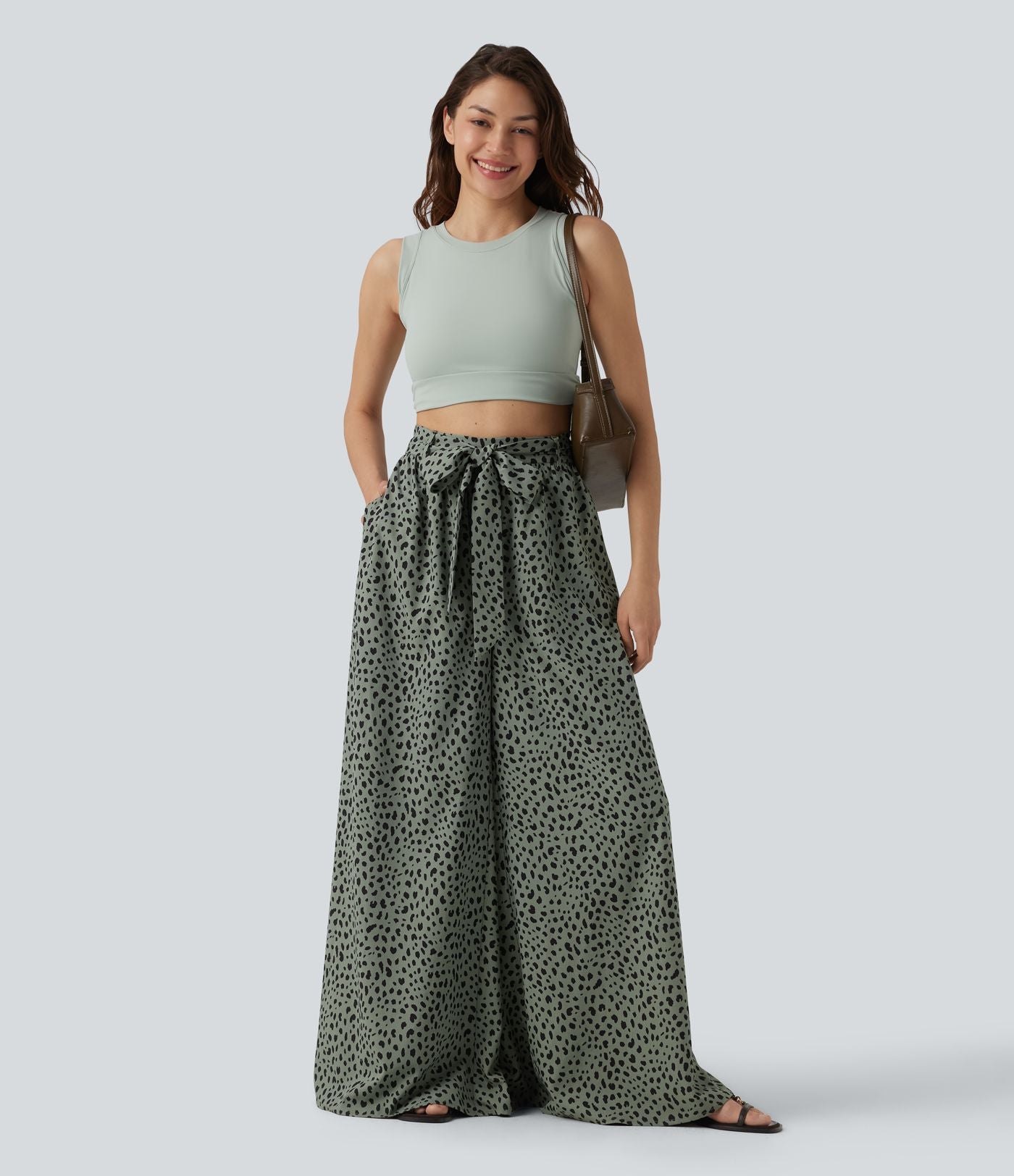 Pantalon casual large imprimé léopard taille haute avec nœud devant et poches