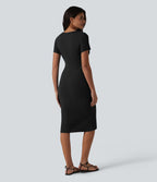 Robe midi casual moulante en maille côtelée à manches courtes, col henley et bas sirène