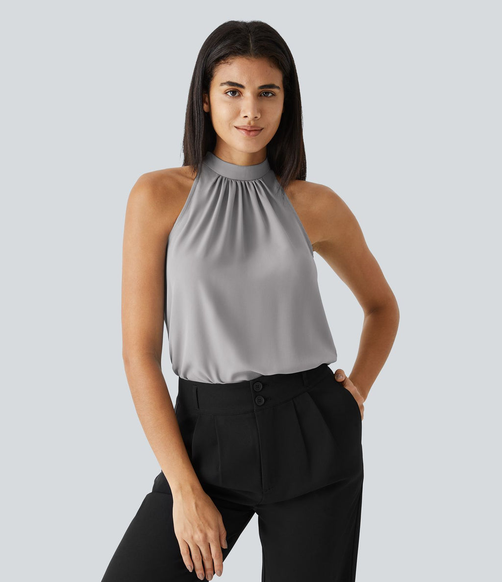 Blouse Travail Sans Manches Ourlet Courbé Col Haut Découpe au Dos Plis