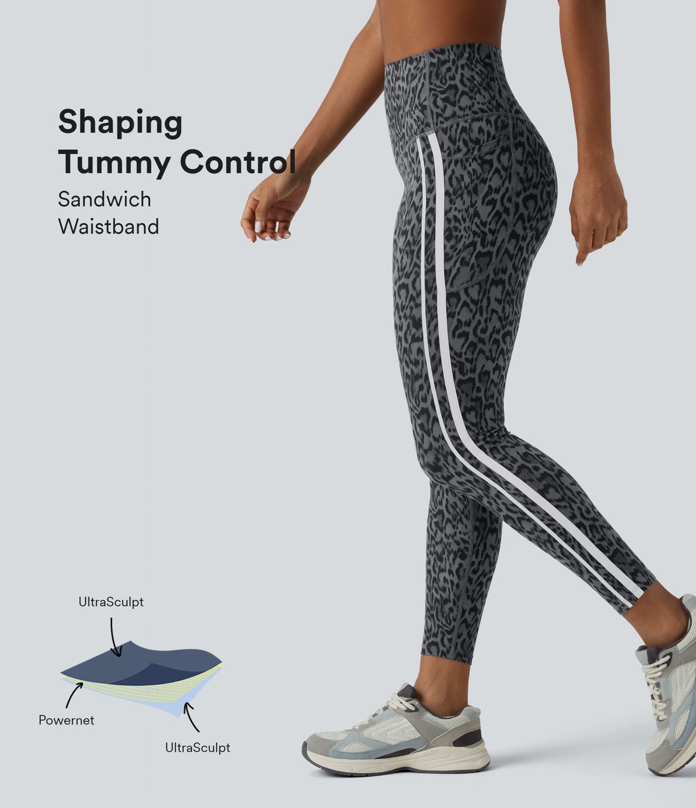 Legging 7/8 d'entraînement taille haute gainant imprimé léopard et rayures color block Halara UltraSculpt™ avec poches