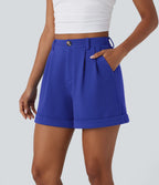 Short décontracté gaufré à taille haute, fermeture zippée, bouton et poches latérales