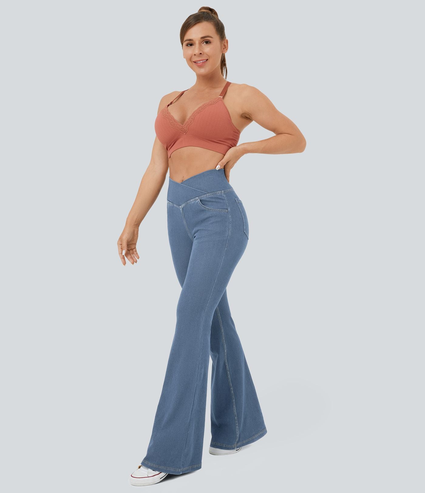 Jean super évasé Halara Flex™ décontracté maille denim extensible délavée effet frais InstantCool taille haute poches croisées