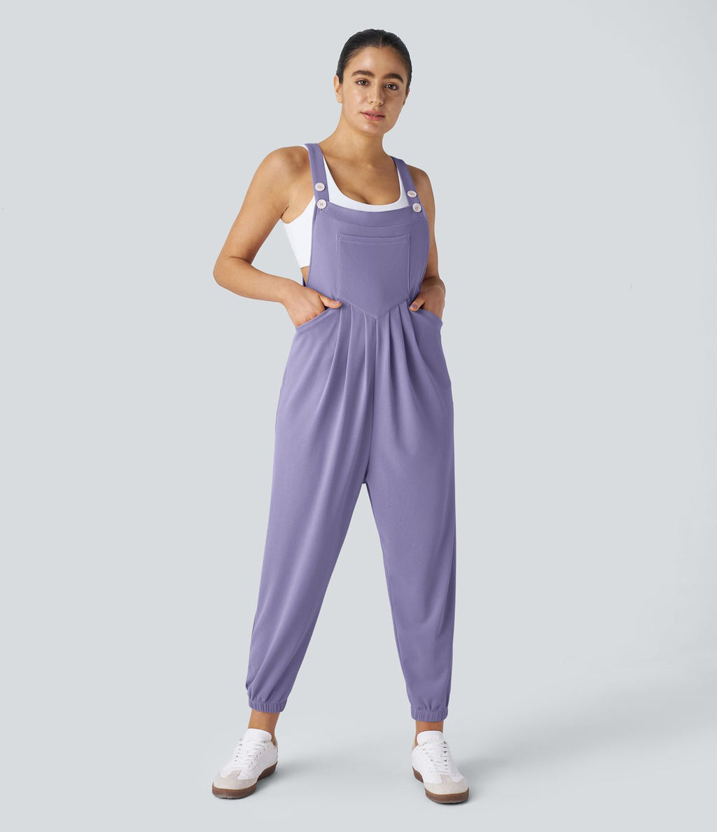 Salopette Casual Bretelles Ajustables Boutonnés Multiples Poches Plis et Tissu Gaufré
