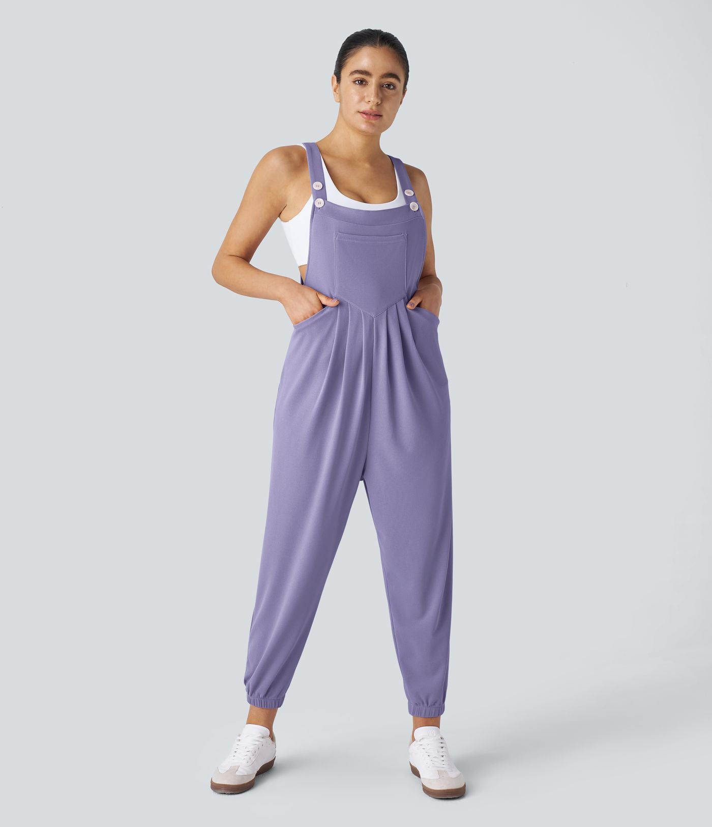 Salopette Casual Bretelles Ajustables Boutonnés Multiples Poches Plis et Tissu Gaufré