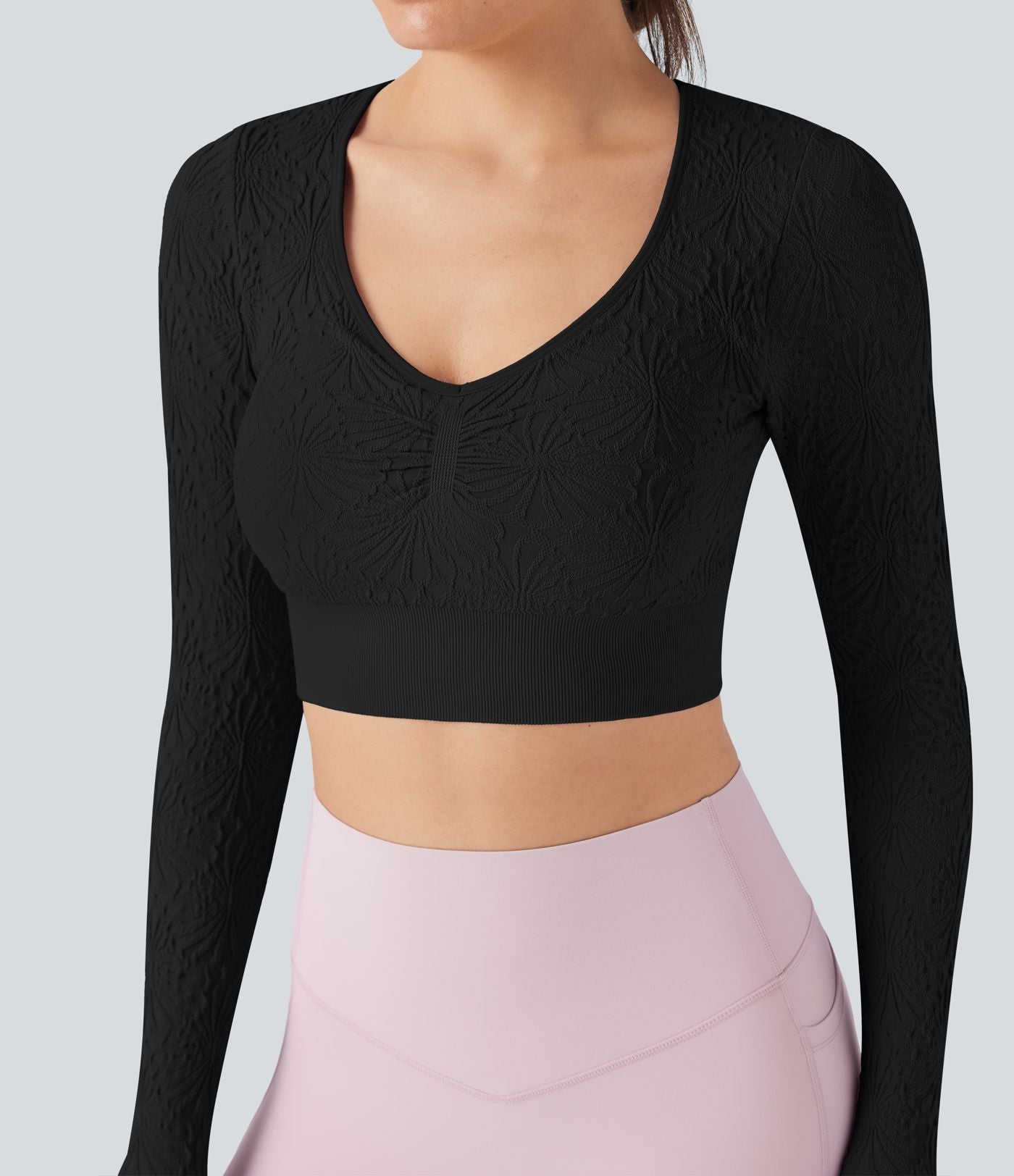 Haut de sport yoga court ajusté jacquard à manches longues sans couture OneForm Seamless Flow