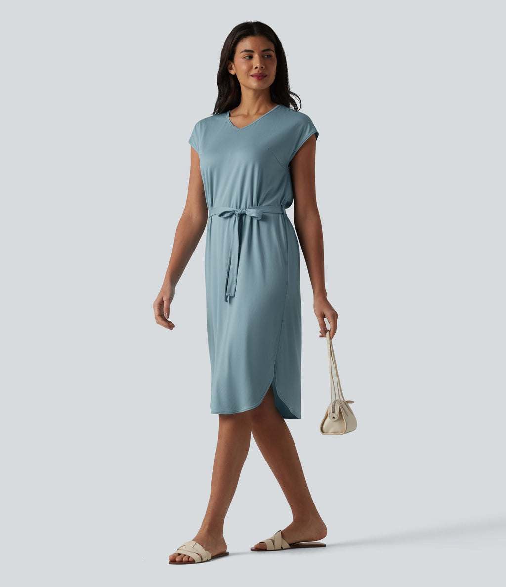 Robe t-shirt casual col V à manches courtes, ceinturée et ourlet arrondi