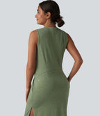 Robe midi décontractée sans manches col tunisien avec poches