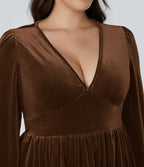 Quotidien de Robe Velours Mini Grande Taille avec Décolleté Profond en V et Ourlet à Volants