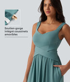 Robe midi fluide sans manches dos croisé, avec brassière intégrée (Bonnets E-G) et poches