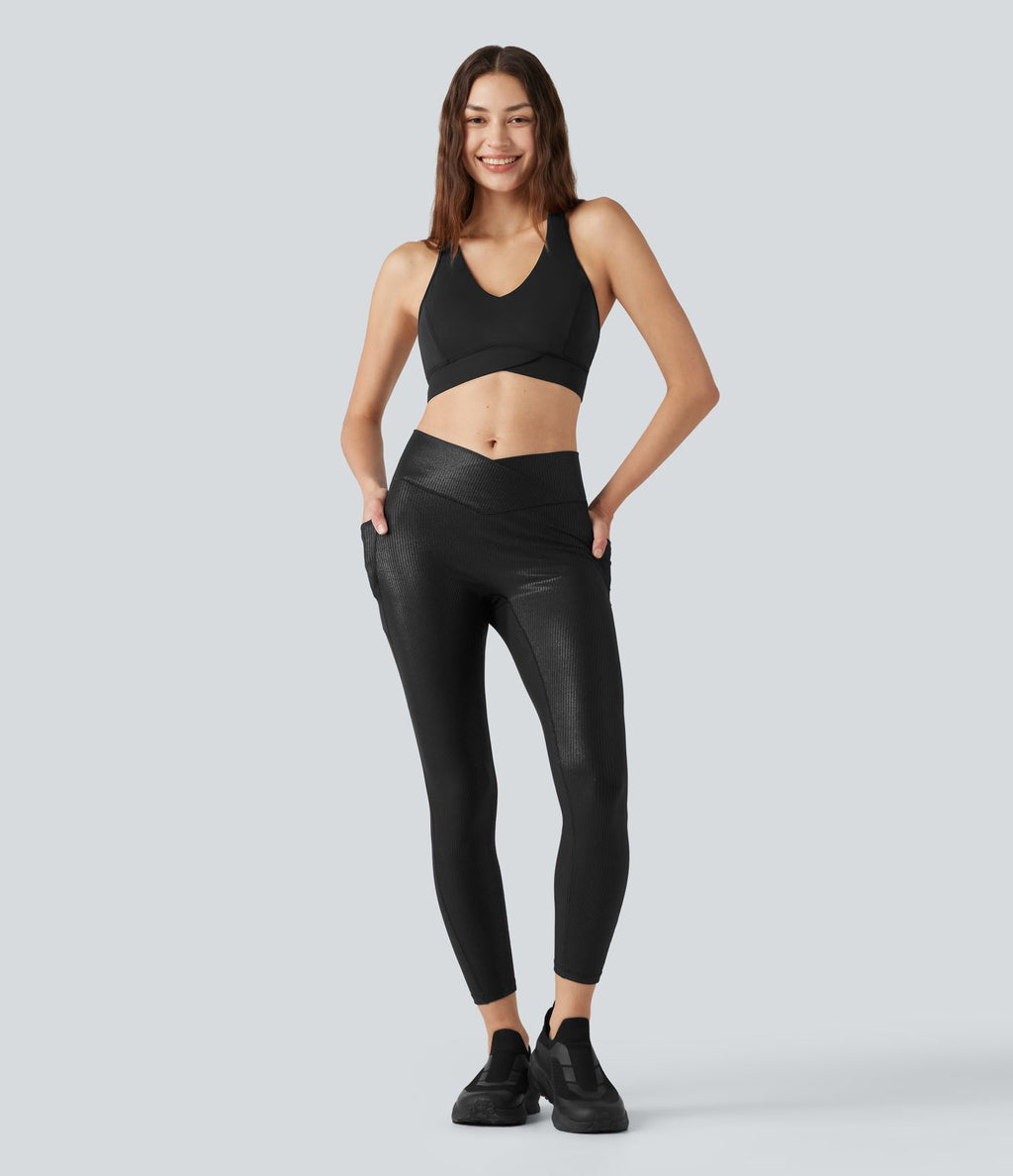 Legging de yoga en maille côtelée taille haute croisée avec imprimé métallisé et poches