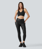 Legging de yoga en maille côtelée taille haute croisée avec imprimé métallisé et poches