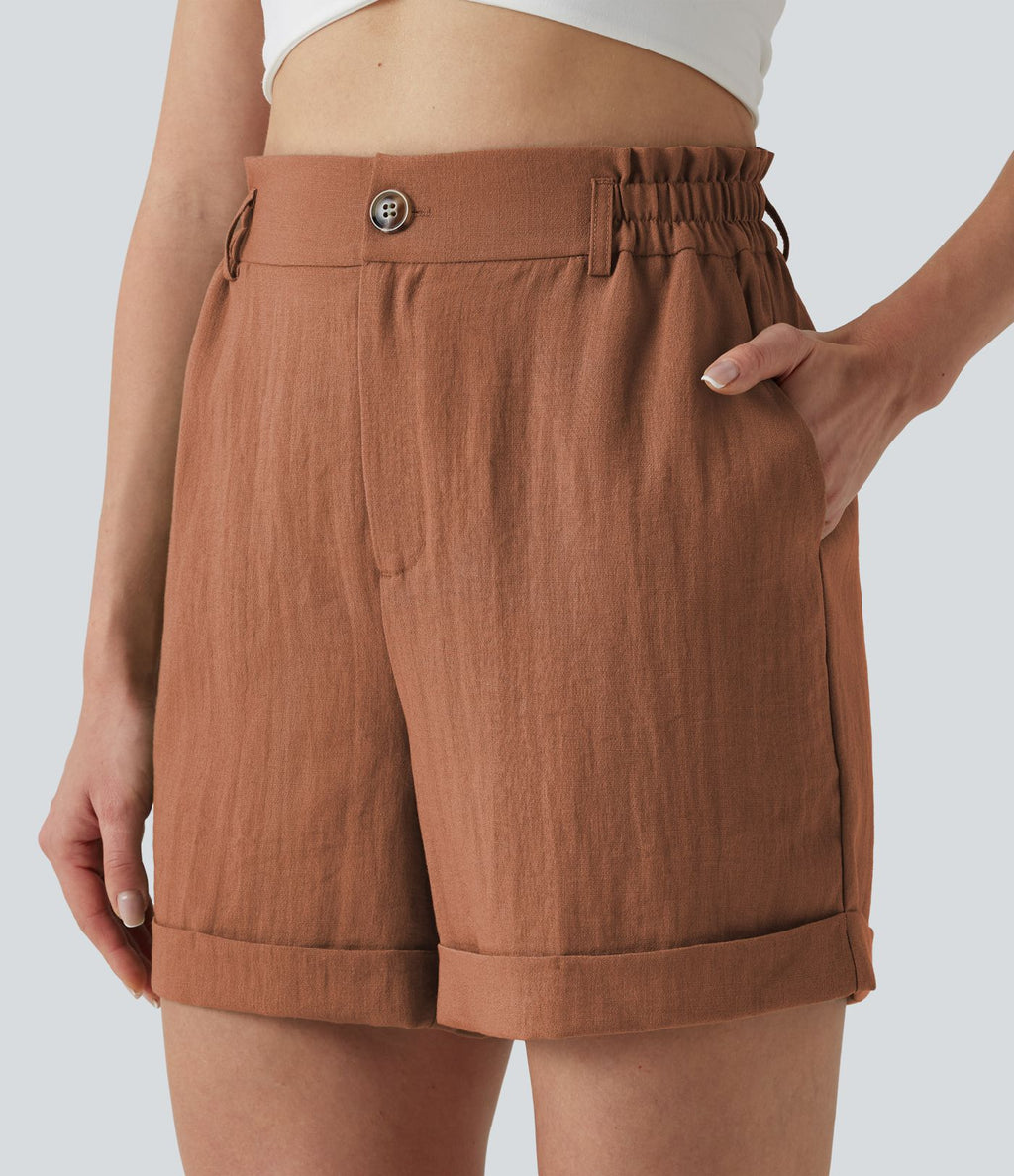 Short resort 12,5 cm taille haute effet lin avec ourlet roulotté et poches