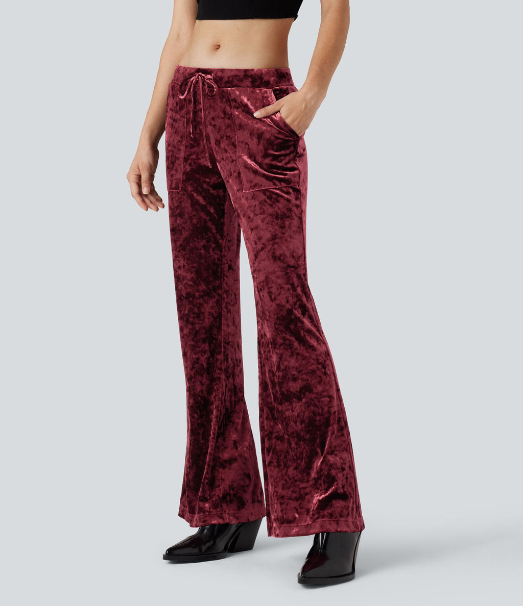 Pantalon évasé velours taille basse avec cordon de serrage et poches