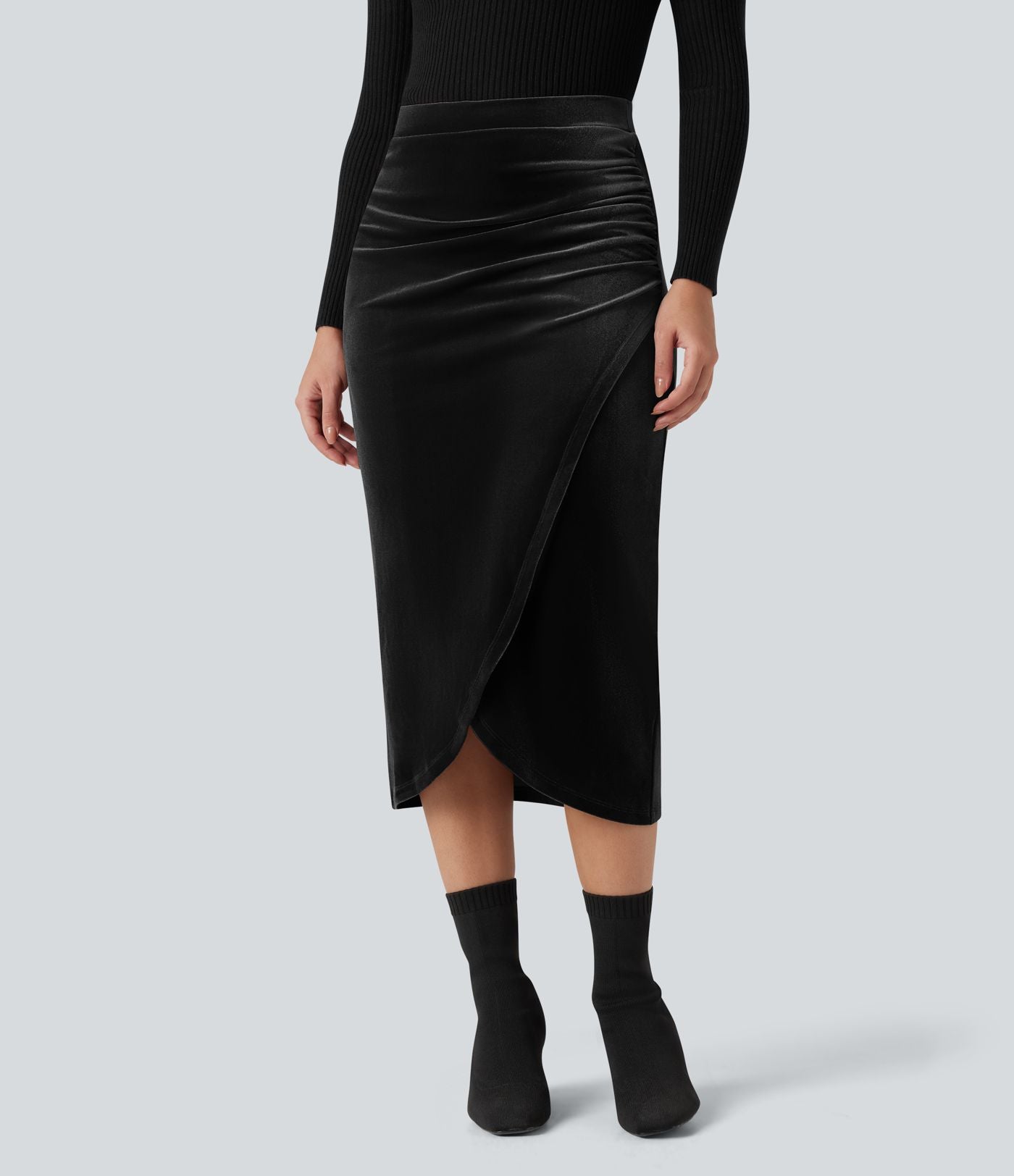 Jupe tulipe mi-longue velours taille haute