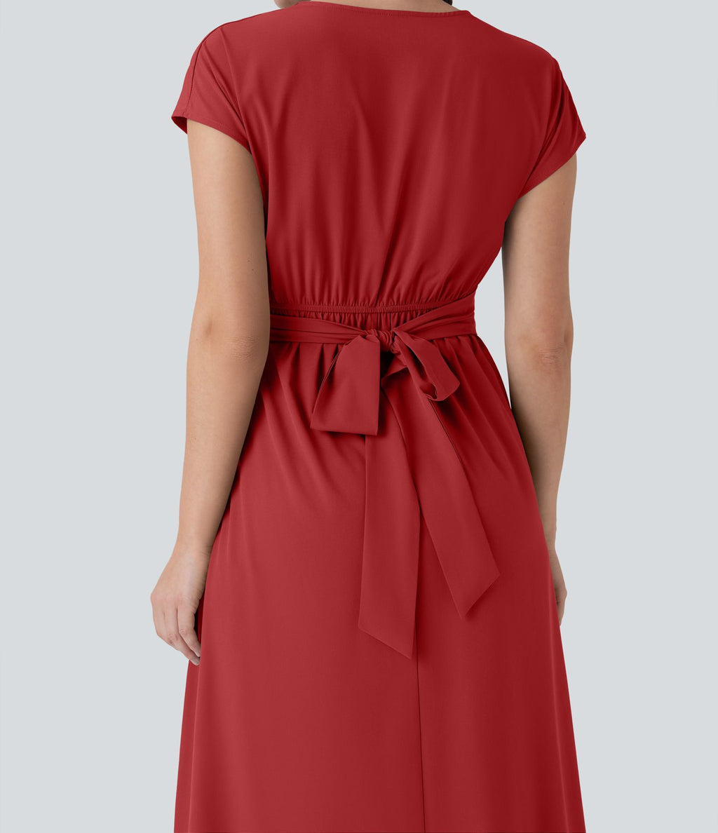 Robe midi Breezeful™ col V manches courtes à liens dans le dos séchage rapide avec poches latérales