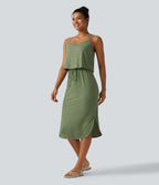 Robe nuisette midi casual à ourlet courbé fendu et cordon de serrage