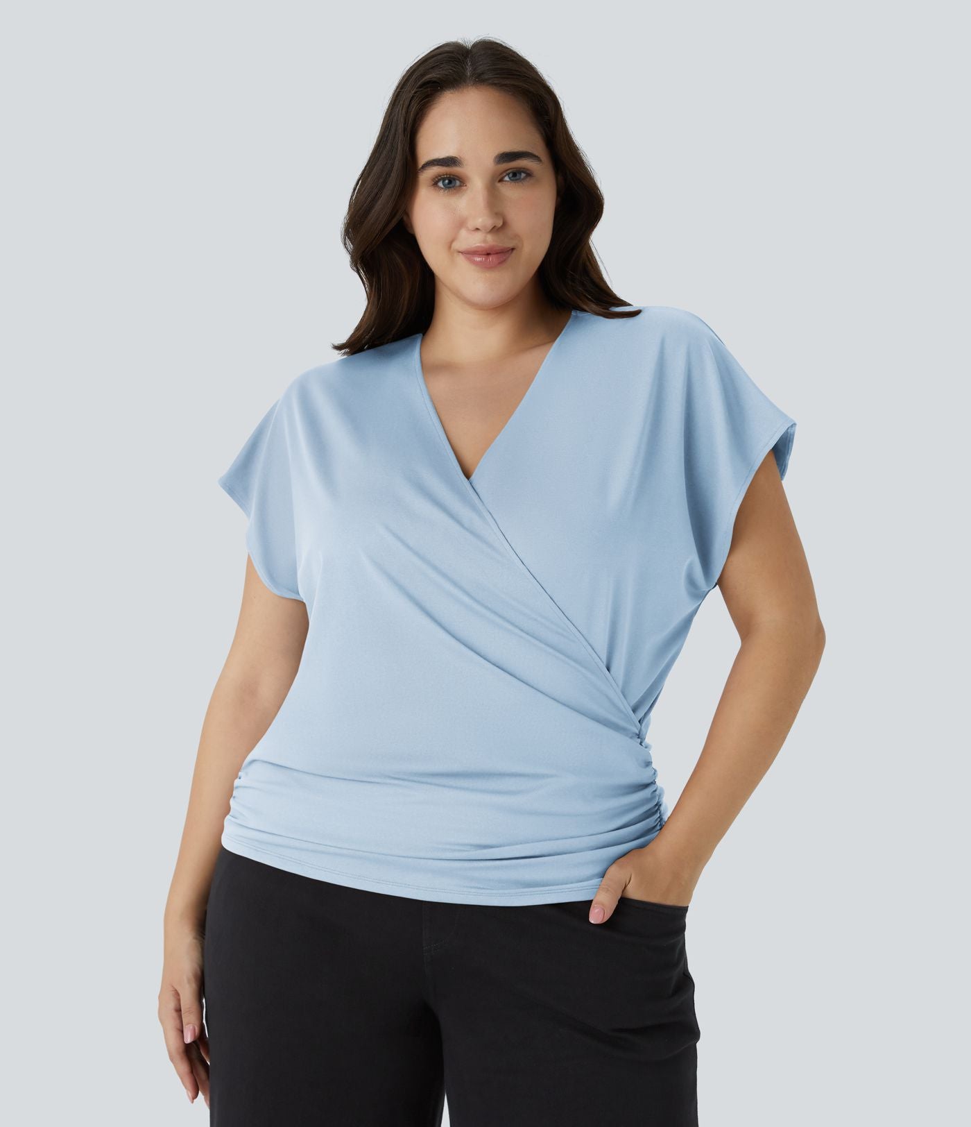 Blouse Travail Unie Froncée Croisée Manches Courtes Col en V Grande Taille