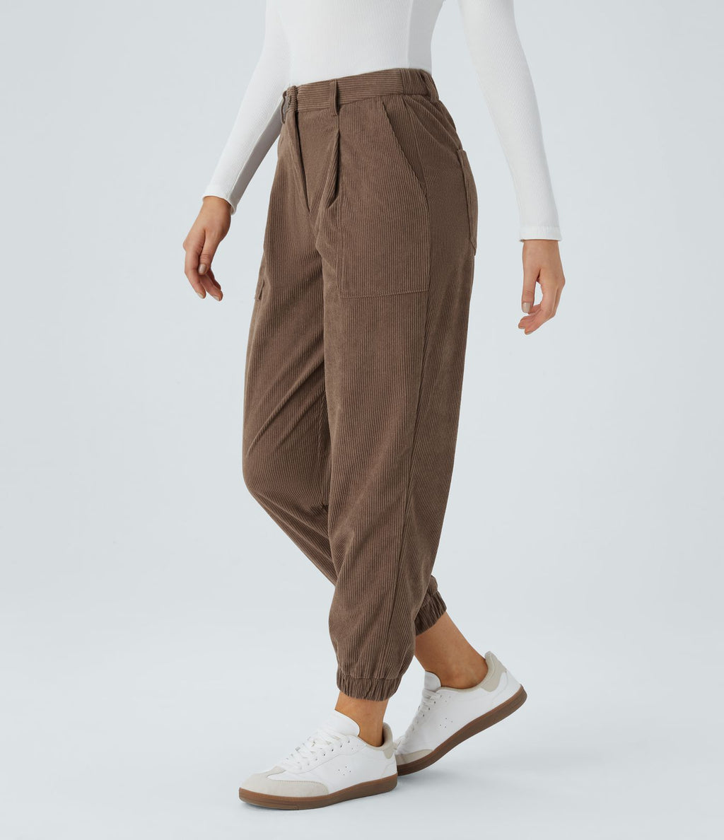 Pantalon décontracté en velours côtelé avec taille mi-haute, boutons et fermeture éclair