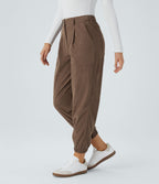 Pantalon décontracté en velours côtelé avec taille mi-haute, boutons et fermeture éclair