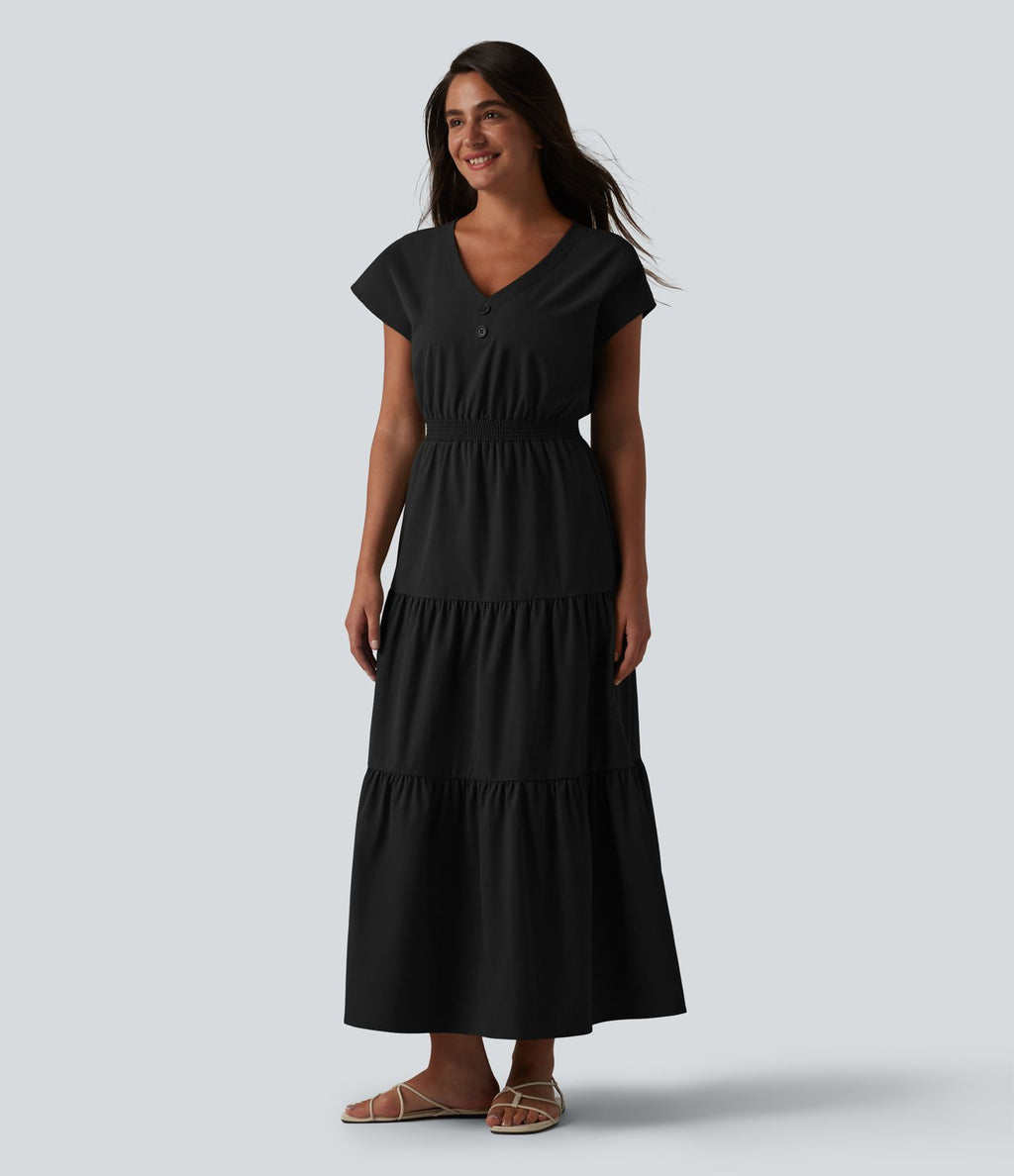 Robe midi décontractée en popeline stretch à manches courtes et col en V