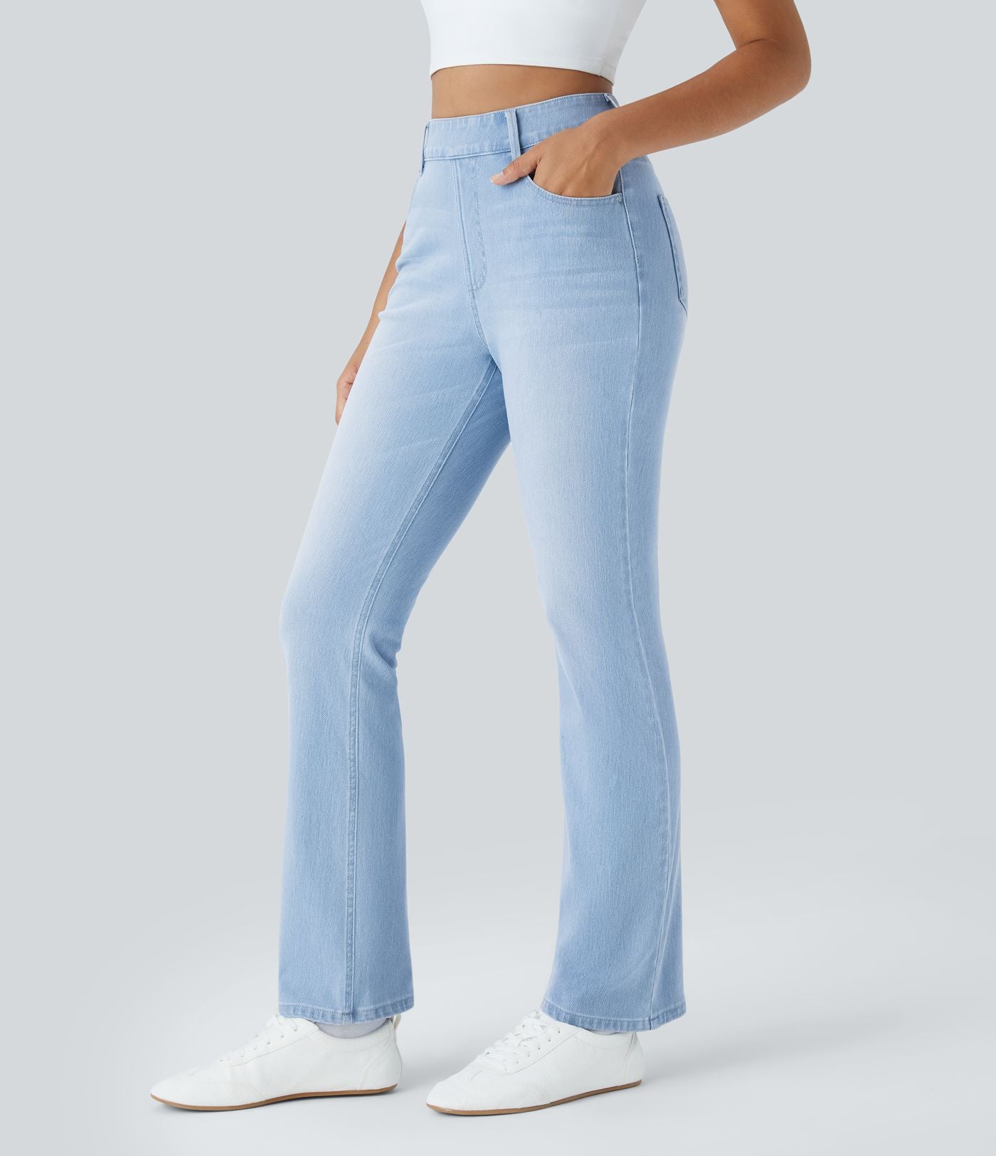 Halara Flex™ Jeans bootcut Casual Taille Haute Multiples Poches Lavés Élastiques et Tricotés Coupe