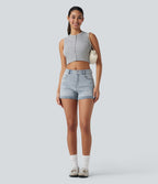 Short 7,5 cm décontracté en jean extensible Halara Flex™ taille moyenne avec boutons, zip et multiples poches