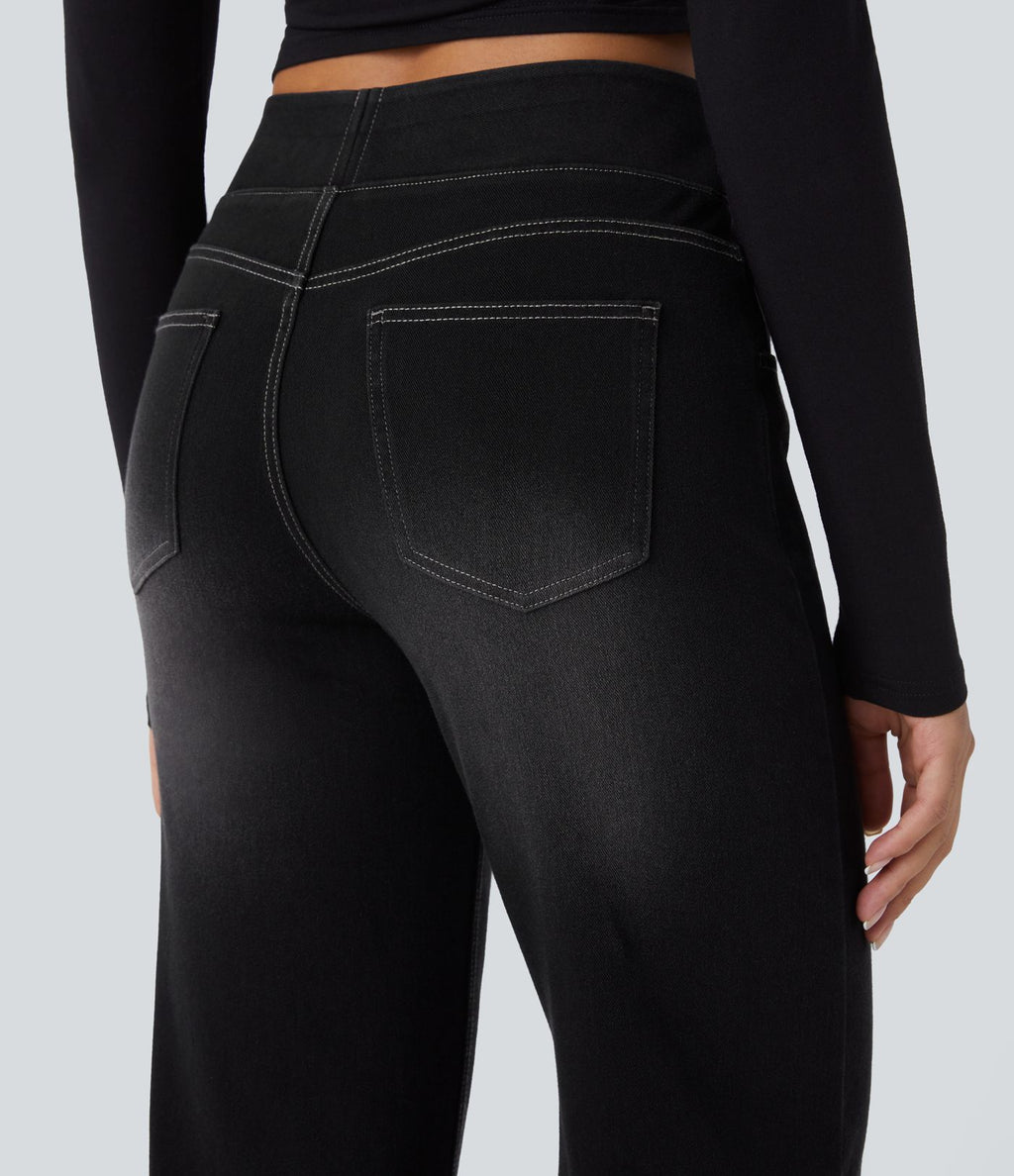 Jean décontracté Halara Flex™ taille haute, extensible, délavé, jambes droites avec poches multiples