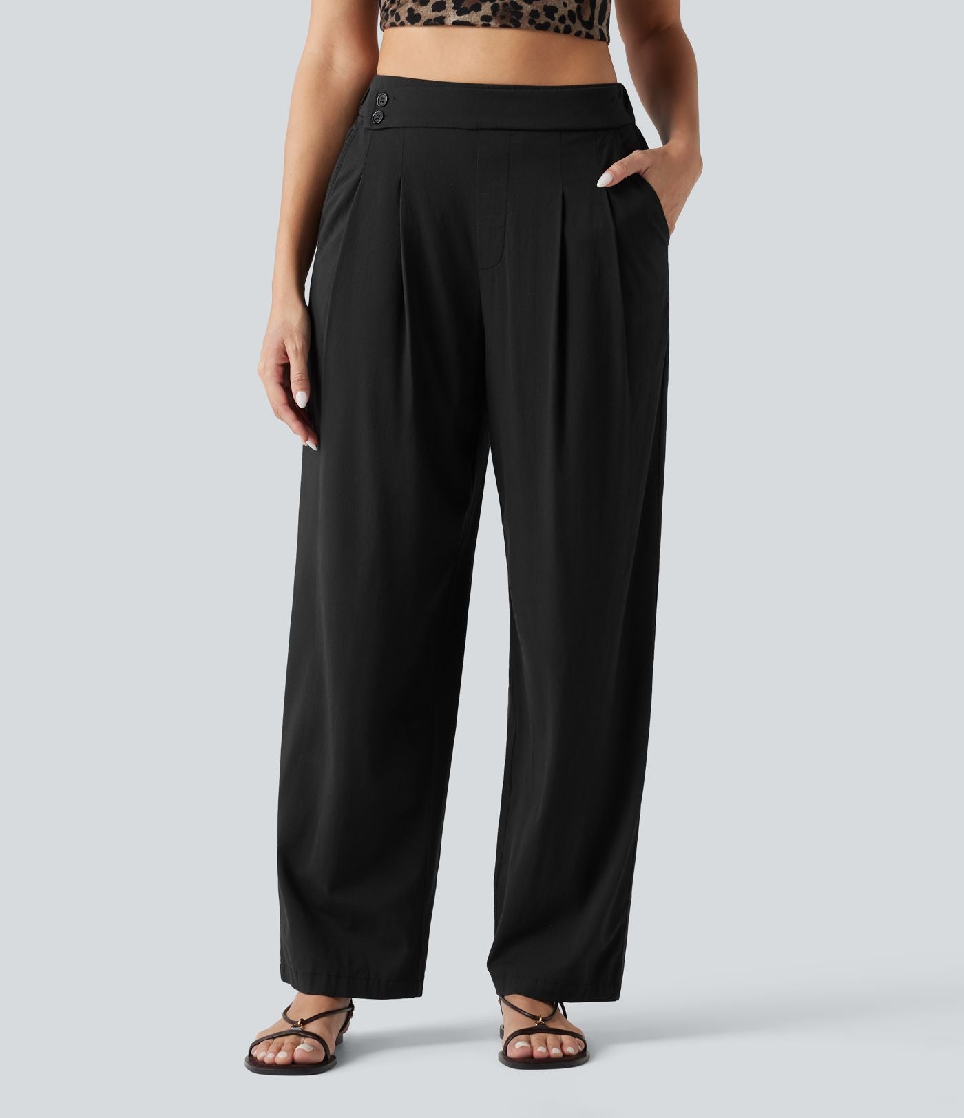 Pantalon décontracté fuselé taille haute en lin stretch avec poches