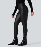Pantalon polaire simili cuir extensible taille haute avec poches