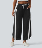 Pantalon de jogging casual large color block taille haute avec cordon de serrage, ourlet courbe et poches