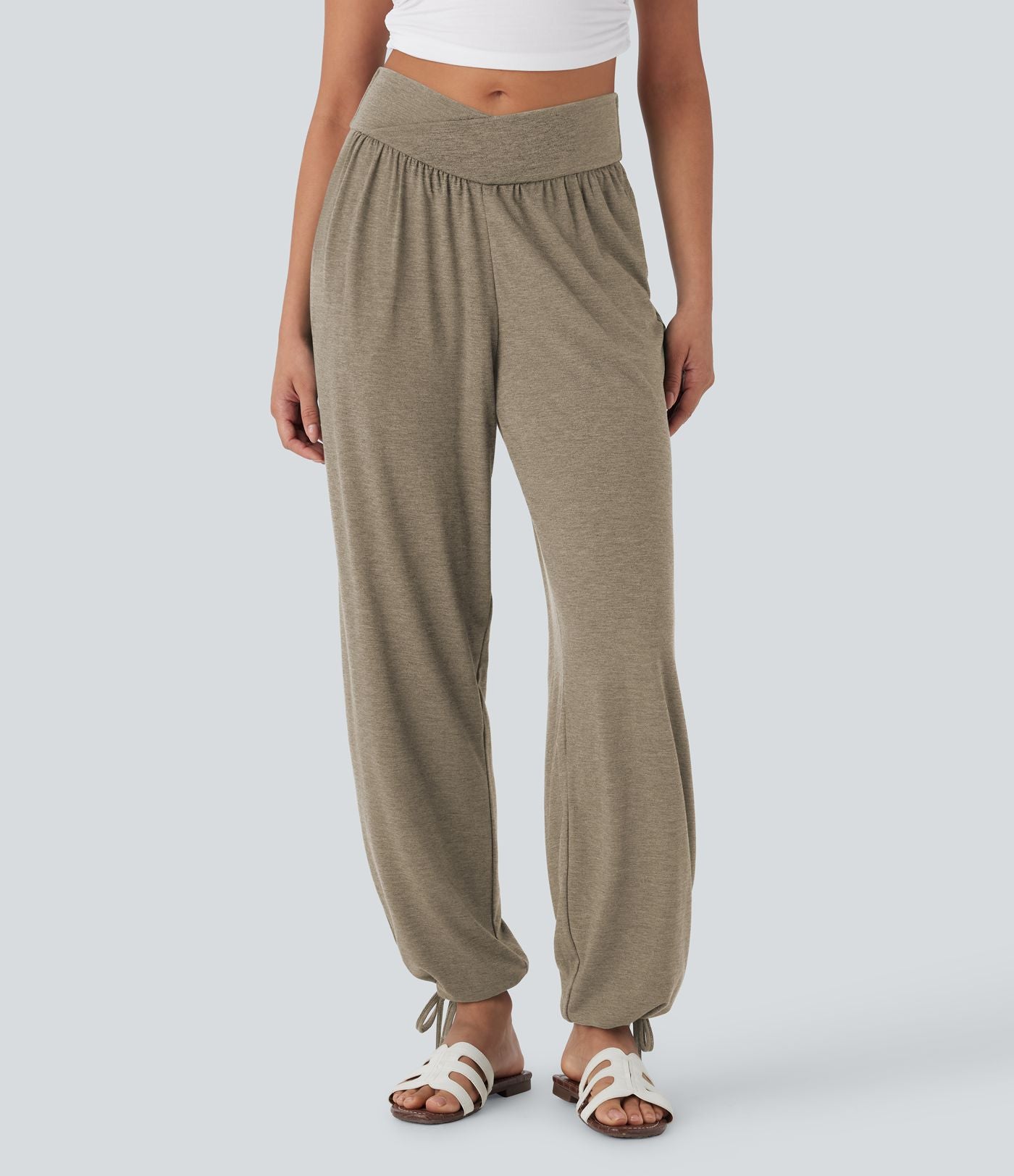 Pantalon de jogging décontracté à taille haute croisée avec poches latérales et cordon de serrage