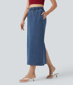 Jupe midi décontractée en denim Halara Flex™ taille haute avec cordon, fente et poches