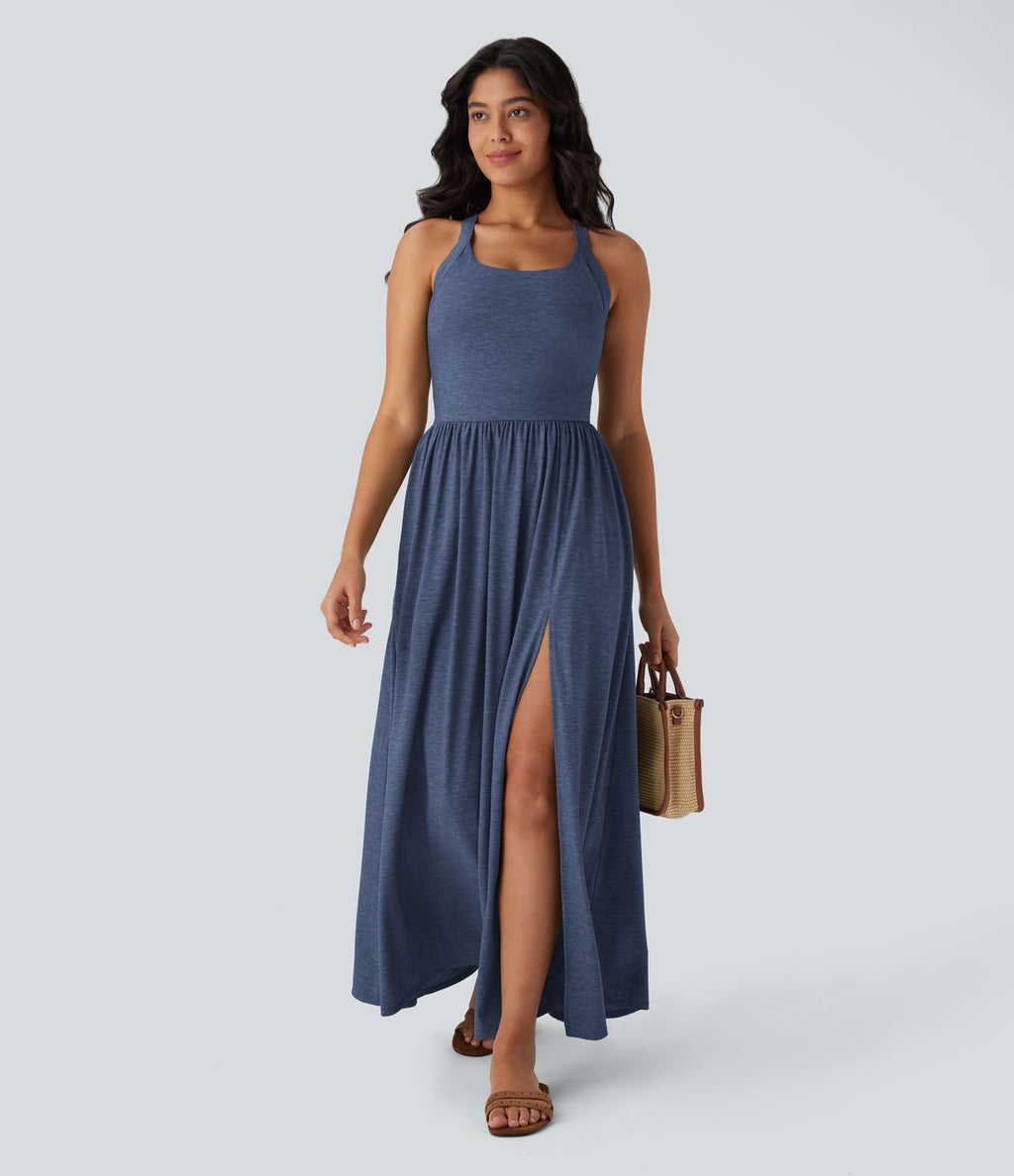 Robe longue fluide fendue avec poches latérales, dos nu et effet torsadé