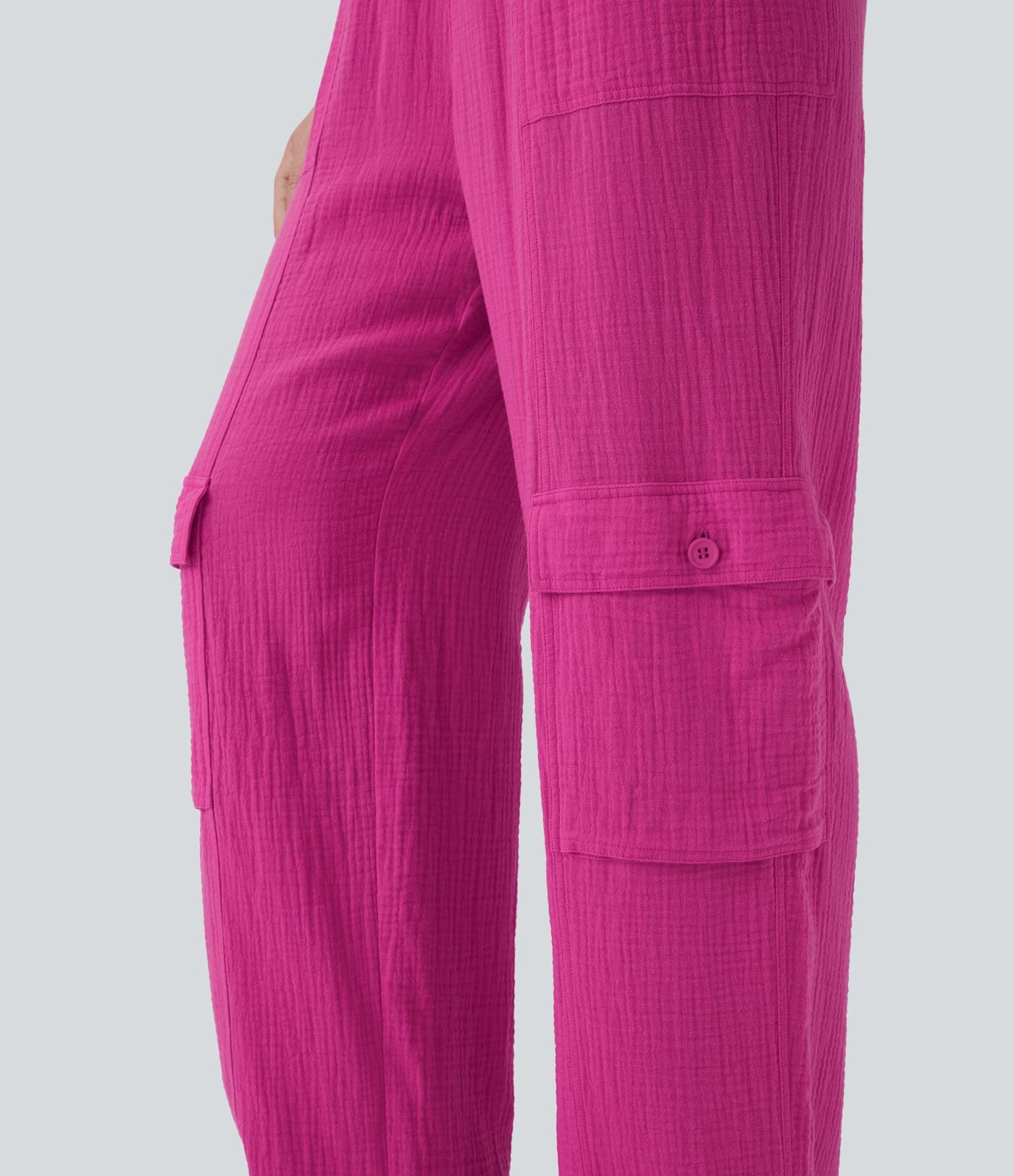 Pantalon cargo large fluide en coton taille haute avec cordon de serrage et poches