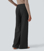 Pantalon ample décontracté velours côtelé taille haute avec poches