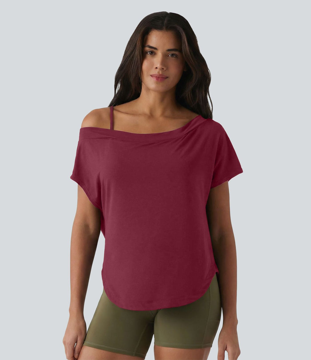 Top de yoga à une épaule, manches courtes, ourlet asymétrique et soutien-gorge intégré à séchage rapide