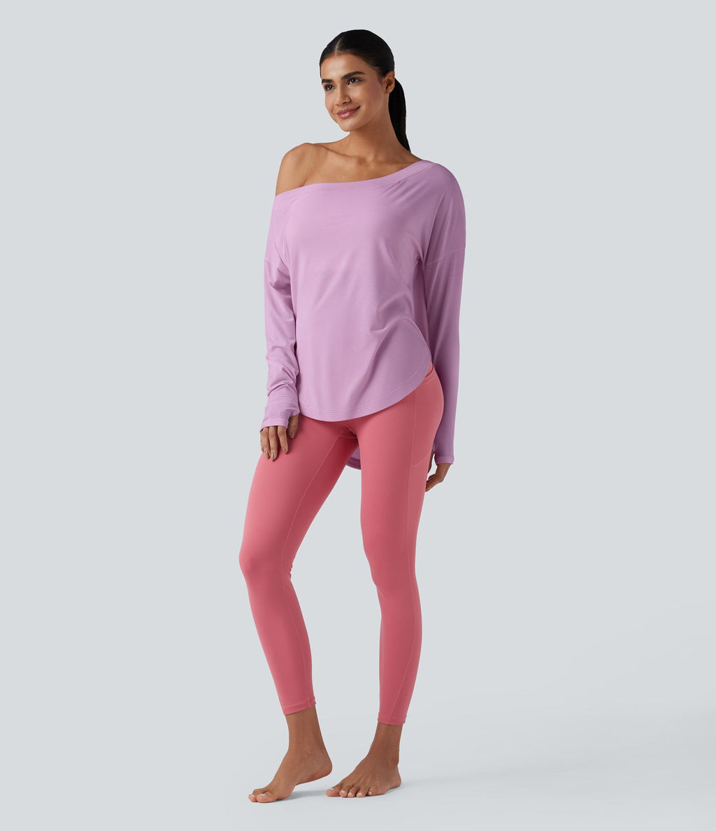 Top de sport yoga une épaule séchage rapide ourlet arrondi asymétrique manches longues avec trous pouces - Brassière intégrée